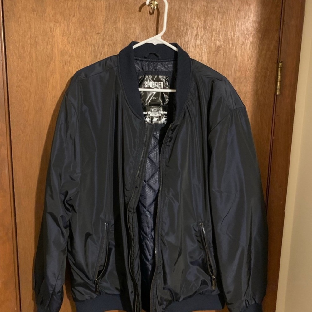 Navy Blue Bomber Jacket with Ribbed Collar and Light Padding